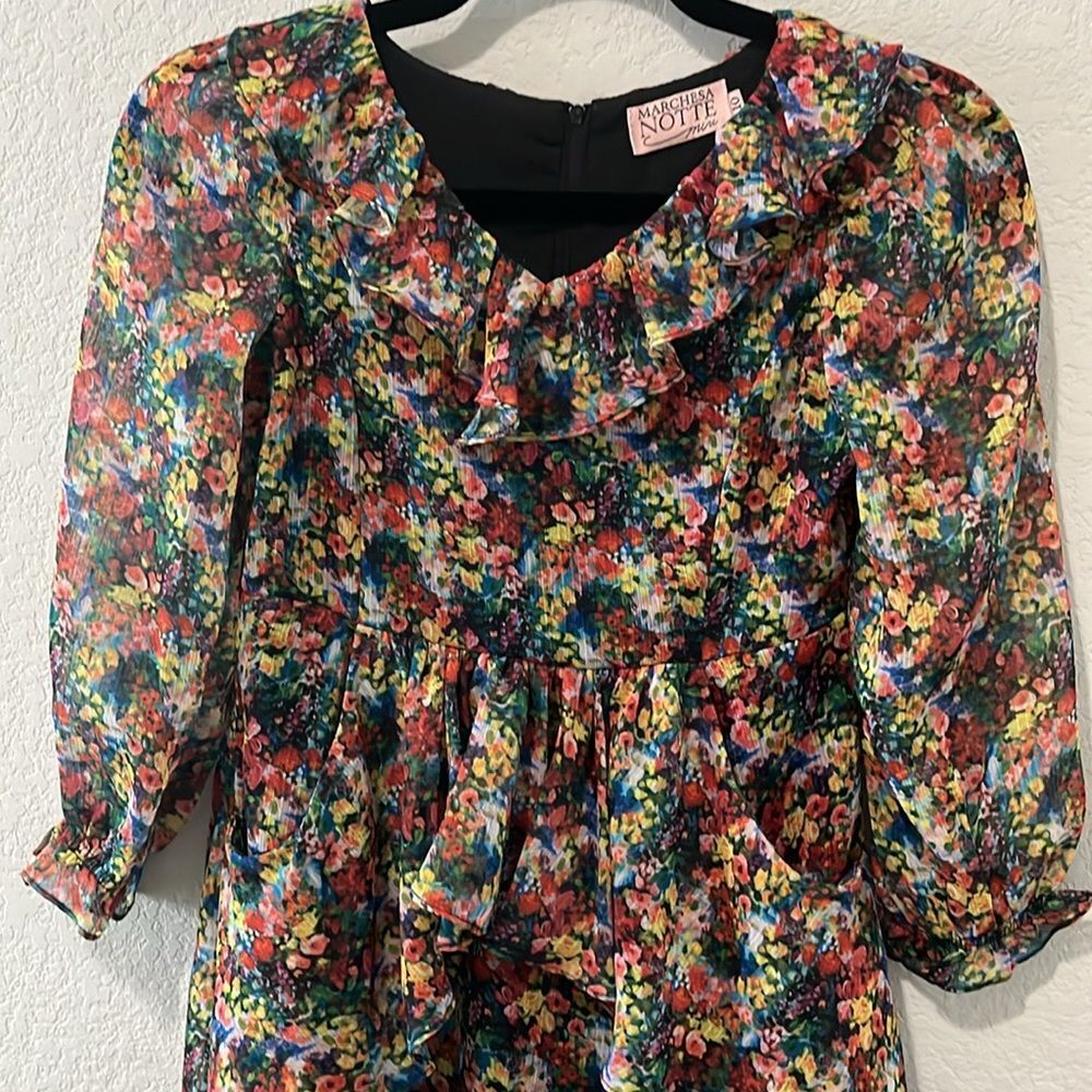 MARCHESA NOTTE MINI Girl's Floral Printed Chiffon Ruffled Dress, Size 10 - Picture 4 of 10
